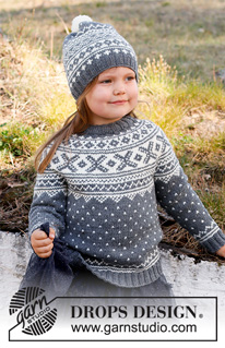 North Star / DROPS Children 37-1 - DROPS Merino Extra Fine lõngast ülevalt alla kootud Norra mustriga ümara passega džemper 2 kuni 12 aastasele lapsele