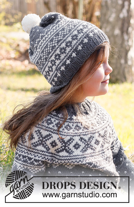 North Star / DROPS Children 37-1 - Dětský pulovr s kruhovým sedlem a norským vzorem pletený shora dolů z příze DROPS Merino Extra Fine. Velikost 2 – 12 let.