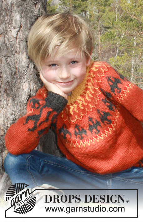 Dragon's Play / DROPS Children 37-11 - Pull tricoté avec dragons et flammes pour enfant en DROPS Alpaca. Du 3 au 12 ans