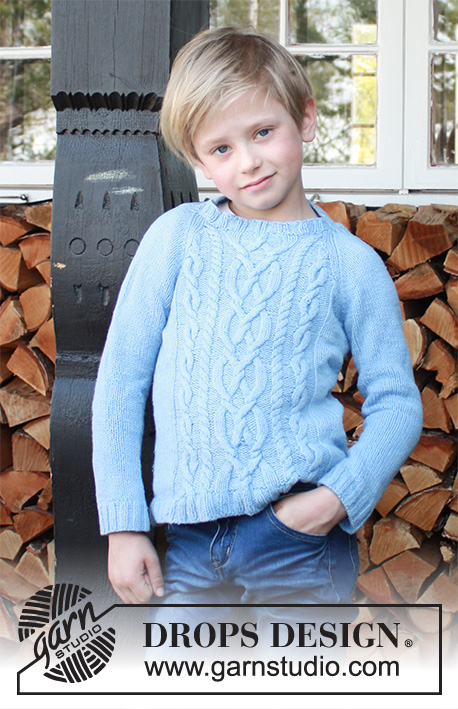 Winter Clouds / DROPS Children 37-12 - Knitted jumper for kids with raglan and cables in DROPS Karisma or DROPS Lima. Size 5-14 years