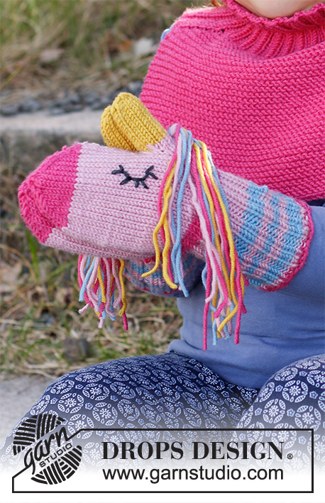 Rainbow Unicorn Mittens / DROPS Children 37-17 - Dziecięce rękawiczki jednorożce na drutach, z włóczki DROPS Merino Extra Fine. Od 1 do 6 lat