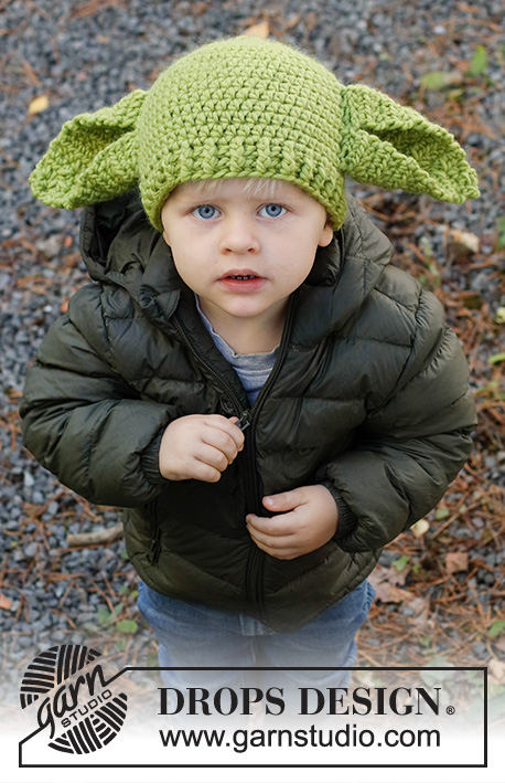 Green Ears / DROPS Children 37-23 - Bonnet crocheté avec grandes oreilles, pour enfant, en DROPS Snow. Du 1 au 8 ans. Thème: Halloween.