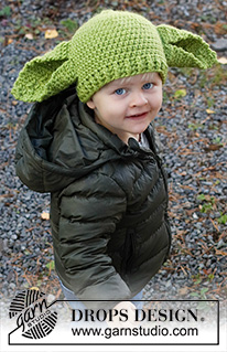 Green Ears / DROPS Children 37-23 - Gorro crochetado com grandes orelhas, para criança, em DROPS Snow. De 1 aos 8 anos. Tema: Halloween.