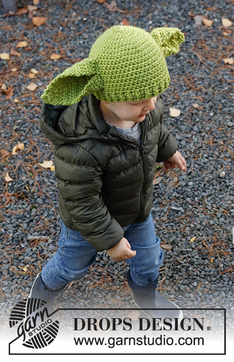 Green Ears / DROPS Children 37-23 - Bonnet crocheté avec grandes oreilles, pour enfant, en DROPS Snow. Du 1 au 8 ans. Thème: Halloween.
