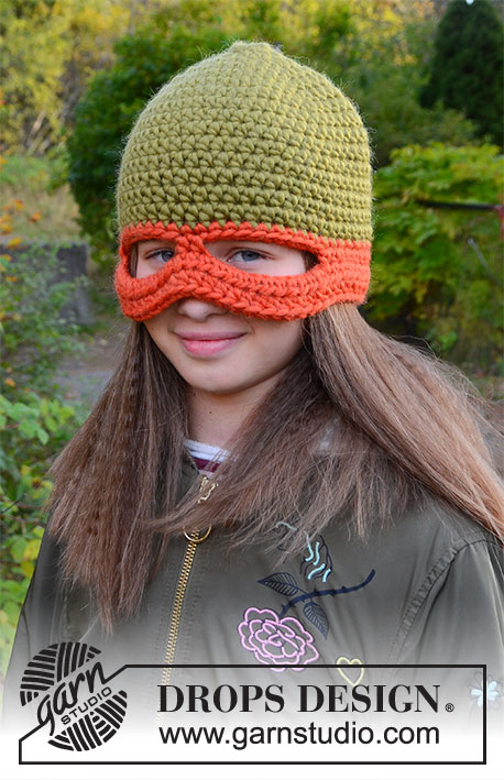Pizza Ninja / DROPS Children 37-24 - Bonnet-Ninja avec masque crocheté pour enfant, en DROPS Snow. Du 1 au 8 ans. Thème: Halloween.