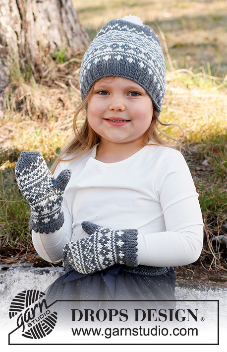 North Star Set / DROPS Children 37-3 - Bonnet et moufles tricotés pour enfant, avec jacquard nordique, en DROPS Merino Extra Fine. Du 2 au 12 ans.