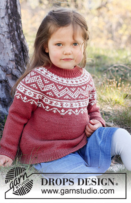 Lillesand Jumper / DROPS Children 37-5 - Strikket genser til barn i DROPS Karisma. Arbeidet strikkes ovenfra og ned med rundfelling og nordisk mønster på bærestykket. Størrelse 2 – 12 år.