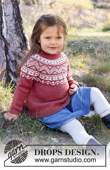 Lillesand Jumper / DROPS Children 37-5 - Dziecięcy sweter na drutach przerabiany od góry do dołu, z włóczki DROPS Karisma, z zaokrąglonym karczkiem i żakardem norweskim. Od 2 do 12 lat.