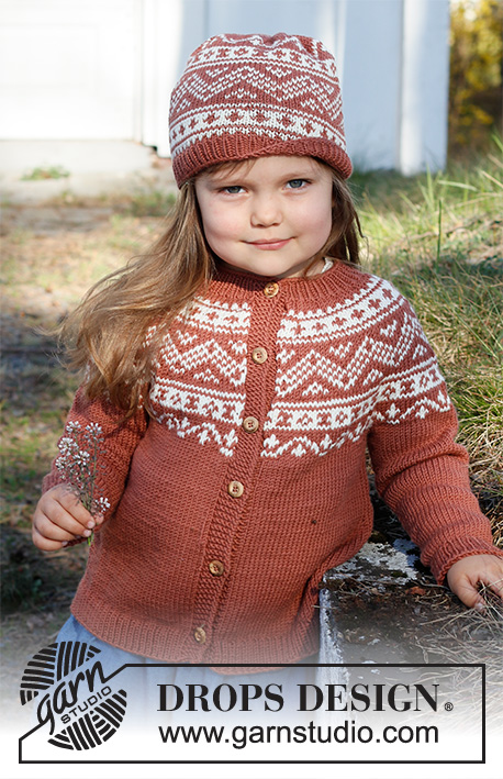 Lillesand / DROPS Children 37-6 - Dziecięcy rozpinany sweter na drutach, przerabiany od góry do dołu, z zaokrąglonym karczkiem żakardem norweskim, z włóczki DROPS Merino Extra Fine. Od 2 do 12 lat.