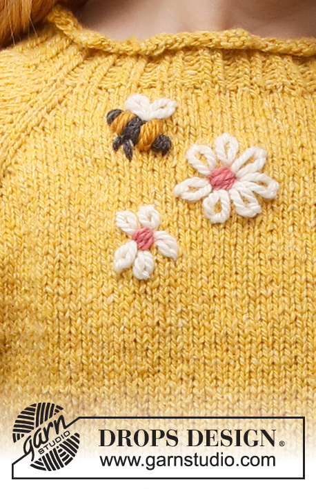 Bee Season Jumper / DROPS Children 40-1 - Dětský raglánový pulovr s vyšitými kytičkami a včelkou pletený shora dolů z příze DROPS Soft Tweed. Velikost 3 až 14 let.