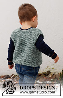 Green River Vest / DROPS Children 40-15 - Colete tricotado para criança em DROPS Air. Tricota-se em ponto texturado, com decote em V e orlas em canelado. Tamanhos: 2 - 12 anos.