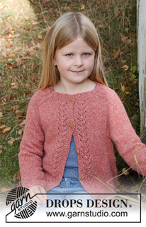 Butterfly in Fall / DROPS Children 40-21 - Dziecięcy rozpinany sweter na drutach, przerabiany od góry do dołu, z włóczki DROPS Sky, ściegiem ażurowym i rękawami typu saddle shoulder. Od 3 do 14 lat.