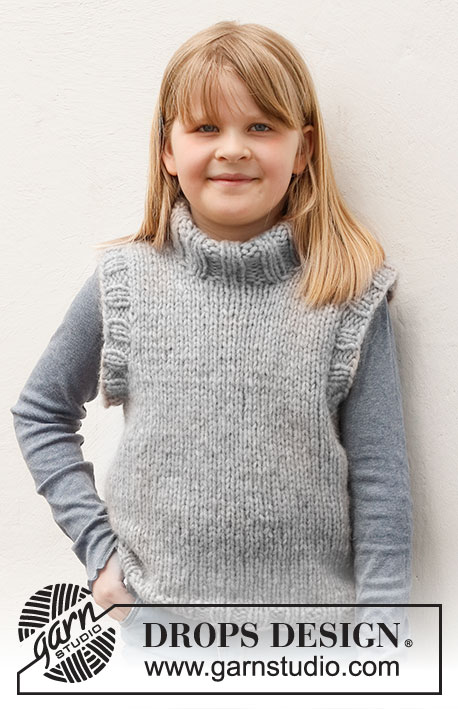 Smooth Stone Vest / DROPS Children 40-23 - Pull sans manches tricoté pour enfant en DROPS Wish. Se tricote entièrement en jersey, avec bordures en côtes et col montant doublé. Du 2 au 12 ans.