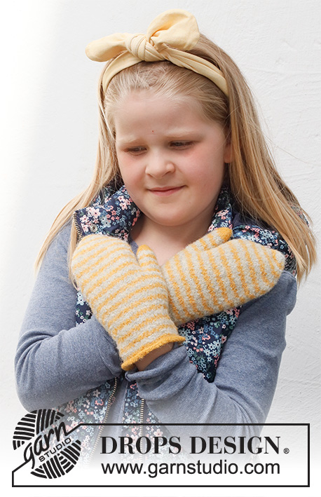 Chesire Mittens / DROPS Children 40-26 - Dětské plstěné rukavice – palčáky s pruhy pletené z příze DROPS Lima. Velikost 2 - 12 let.