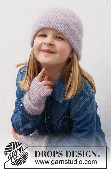 Sweet Attitude / DROPS Children 40-27 - Gestrickte Mütze und Pulswärmer mit Rippenmuster für Kinder in 2 Fäden DROPS Kid-Silk. Größe 2 - 12 Jahre.