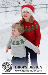 Merry Trees / DROPS Children 41-17 - Strikket Julebluse og Nissehue til børn i DROPS Air. Blusen strikkes oppefra og ned, med rundt bærestykke og juletræer. Huen strikkes i glatstrik med rib. Størrelse 2 - 14 år. Tema: Jul.