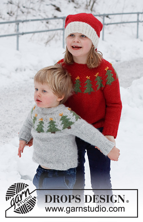 Merry Trees / DROPS Children 41-17 - Stickad jultröja och tomteluva till barn i DROPS Air. Tröjan stickas uppifrån och ner, med runt ok och julgransmönster. Mössan stickas i slätstickning med resår. Storlek 2 - 14 år. Tema: Jul.