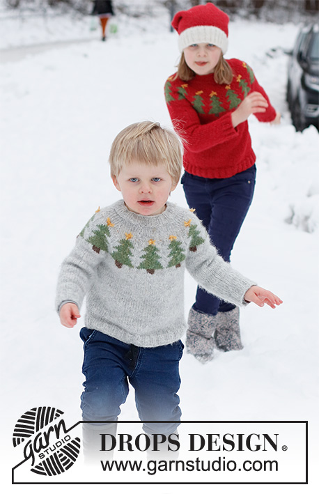 Merry Trees / DROPS Children 41-17 - Dziecięcy sweter / świąteczny sweter i czapka / świąteczna czapka na drutach z włóczki DROPS Air. Sweter jest przerabiany od góry do dołu, z zaokrąglonym karczkiem i żakardem w choinki. Czapka jest przerabiana na okrągło, od dołu do góry. Od 2 do 14 lat. Temat: Boże Narodzenie.