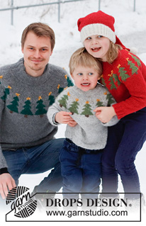 Merry Trees / DROPS Children 41-17 - DROPS Air lõngast ülevalt alla kootud kuuskede mustriga ümara passega džemper ja alt üles kootud päkapiku müts 2 kuni 14 aastasele lapsele 
Teema: jõuludeks