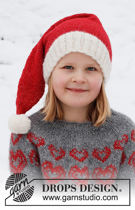 Merry Hearts Hat / DROPS Children 41-19 - Gorro para criança tricotado em DROPS Air. Tricota-se em redondo, de cima para baixo. Dos 2 ao 14 anos. Tema: Natal.