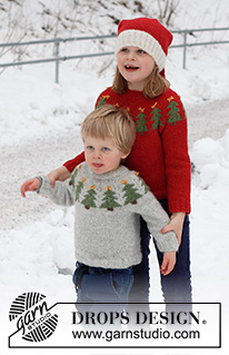 Merry Trees / DROPS Children 41-2 - Dziecięcy sweter / świąteczny sweter na drutach, przerabiany od góry do dołu, z zaokrąglonym karczkiem i żakardem w choinki, z włóczki DROPS Air. Od 2 do 14 lat. Temat: Boże Narodzenie.