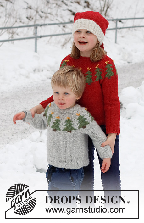 Merry Trees / DROPS Children 41-2 - DROPS Air lõngast ülevalt alla kootud kuuskede mustriga ümara passega džemper 2 kuni 14 aastasele lapsele Teema: jõuludeks