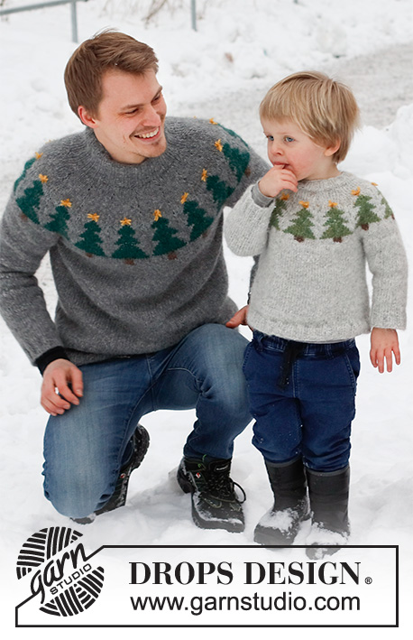 Merry Trees / DROPS Children 41-2 - Gebreide trui / kersttrui voor kinderen in DROPS Air. De trui wordt van boven naar beneden gebreid met ronde pas en kerstboom patroon. Maten 2 - 14 jaar. Thema: Kerst.