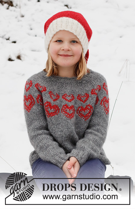 Merry Hearts / DROPS Children 41-3 - DROPS Air lõngast ülevalt alla kootud südamete mustriga ümara passega džemper ja alt üles kootud päkapiku müts 2 kuni 14 aastasele lapsele 
Teema: jõuludeks