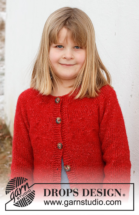 Red Hibiscus Jacket / DROPS Children 41-6 - Rozpinany sweter na drutach, przerabiany od góry do dołu, z zaokrąglonym karczkiem, z włóczki DROPS Air. Od 3 do 12 lat.