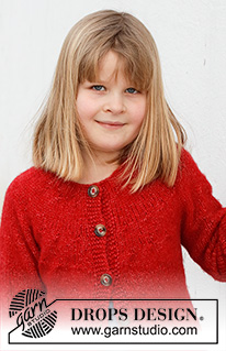 Red Hibiscus Jacket / DROPS Children 41-6 - Rozpinany sweter na drutach, przerabiany od góry do dołu, z zaokrąglonym karczkiem, z włóczki DROPS Air. Od 3 do 12 lat.