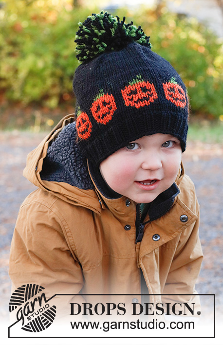 Pumpkin Bits Hat / DROPS Children 44-10 - Bonnet tricoté pour enfant avec jacquard citrouille, en DROPS Nepal. Du 2 au 12 ans. Thème: Halloween.