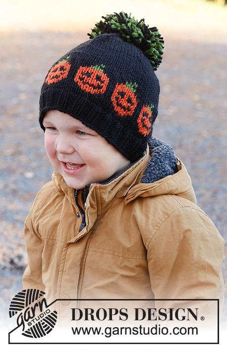 Pumpkin Bits Hat / DROPS Children 44-10 - Bonnet tricoté pour enfant avec jacquard citrouille, en DROPS Nepal. Du 2 au 12 ans. Thème: Halloween.