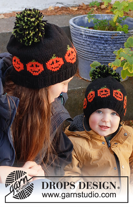 Pumpkin Bits Hat / DROPS Children 44-10 - Kötött sapka tökkel DROPS Baby Merino fonalból. 2 - 12 évesekre való méretekben Téma: Halloween