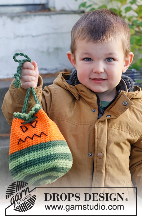 Scary Pumpkin Bag / DROPS Children 44-11 - Horgolt tök-táska DROPS Paris fonalból. A darabot körben készítsük csíkokkal és hímzett arccal Téma: Halloween