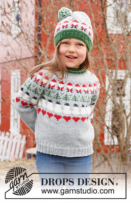 Christmas Time Sweater / DROPS Children 44-14 - Gebreide trui voor kinderen in DROPS Karisma. Het werk wordt van boven naar beneden gebreid met ronde pas en gekleurd patroon van een kerstman, kerstboom en hartje. Maten 2 – 14 jaar. Thema: Kerst.