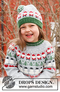 Christmas Time Sweater / DROPS Children 44-14 - DROPS Karisma lõngast ülevalt alla kootud päkapikkude, kuuskede, lumememmede ja südamete mustriga ja ümara passega džemper 2 kuni 14 aastasele lapsele jõuludeks