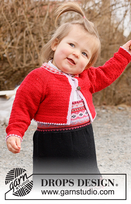 Hipp Hipp Hurra Jacket / DROPS Children 44-2 - Gilet court tricoté de haut en bas pour bébé et enfant en DROPS Baby Merino. Se tricote avec jacquard nordique et emmanchures raglan. Du 6 mois au 6 ans.