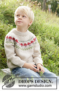 Mushroom Season Sweater / DROPS Children 47-13 - Strikket genser til barn i DROPS Karisma. Arbeidet strikkes ovenfra og ned med dobbel halskant, rundfelling og flerfarget mønster med sopp. Størrelse 2 – 14 år.