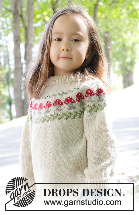 Mushroom Season Sweater / DROPS Children 47-14 - Knitted jumper for children in DROPS Karisma. The piece is worked top down with double neck, round yoke and multi-coloured mushroom pattern. Sizes 2 – 14 years.