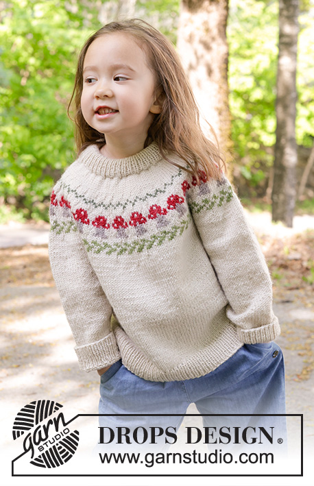 Mushroom Season Sweater / DROPS Children 47-14 - Strikket bluse til børn i DROPS Karisma. Arbejdet strikkes oppefra og ned med dobbelt halskant, rundt bærestykke og flerfarvet mønster med svamp. Størrelse 2 – 14 år.