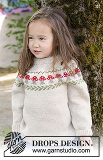 Mushroom Season Sweater / DROPS Children 47-14 - Strikket bluse til børn i DROPS Karisma. Arbejdet strikkes oppefra og ned med dobbelt halskant, rundt bærestykke og flerfarvet mønster med svamp. Størrelse 2 – 14 år.
