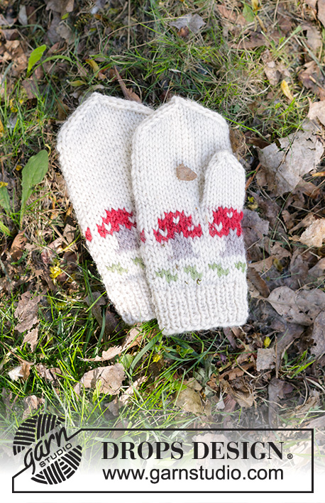 Mushroom Season Mittens / DROPS Children 47-16 - Dziecięce rękawiczki na drutach, z włóczki DROPS Karisma. Przerabiane od dołu do góry, z żakardem w grzybki. Od 2 do 14 lat.