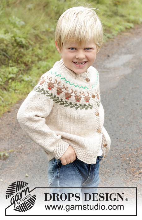 Reindeer Dance Cardigan / DROPS Children 47-17 - Gilet tricoté de haut en bas pour enfant, en DROPS Daisy. Se tricote avec col doublé, empiècement arrondi et jacquard rennes. Du 2 au 14 ans.