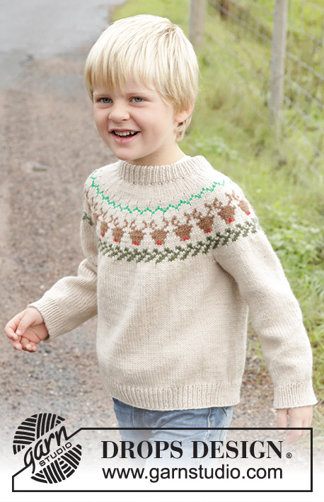 Reindeer Dance Sweater / DROPS Children 47-18 - Dětský pulovr s kruhovým sedlem a pestrobarevným norským vzorem se soby pletený shora dolů z příze DROPS Daisy. Velikost 2 – 14 let