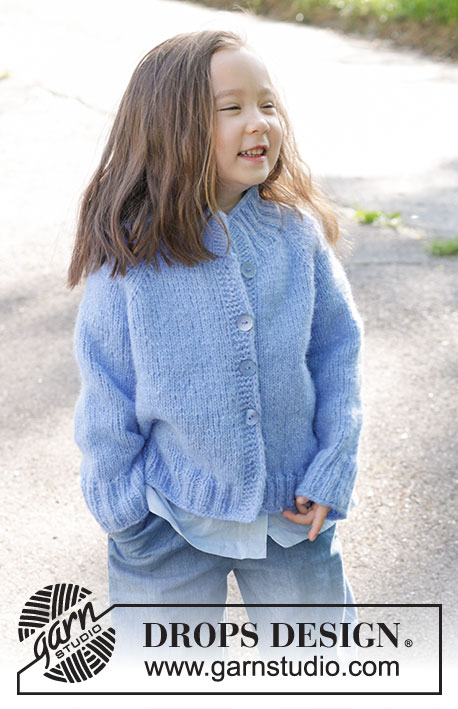 Little Cloud Blue Cardigan / DROPS Children 47-3 - Knitted jacket for children in DROPS Air. The piece is worked top down with stockinette stitch, high neck and raglan. Sizes 2 – 12 years