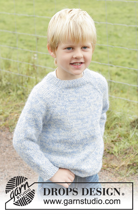 Spring Smiles / DROPS Children 48-4 - Pull tricoté de haut en bas pour enfant, avec 2 fils DROPS Alpaca. Se tricote en jersey avec emmanchures raglan. Du 2 au 12 ans.